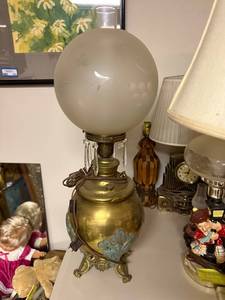 lot 705 image: Vintage Brass Table Lamp with Frosted Glass Globe and Crystal Accents