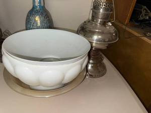lot 714 image: Vintage Milk Glass Serving Bowl with Plate and Silver Oil Lamp