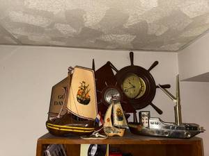 lot 717 image: Collection of Nautical Decor with Model Boats and Ship Wheel Clocks