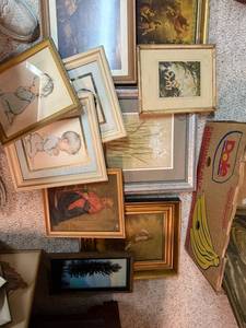 lot 772 image: Collection of Vintage Framed Artwork and Prints Including Blue Puppy Illustrations