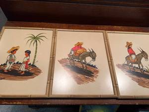 lot 774 image: Set of 3 Vintage Mexican Folk Art Prints in Bamboo-Style Frames