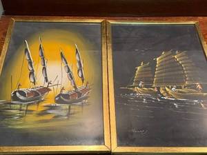 lot 776 image: Pair of Framed Asian Sailing Ship Artwork Prints
