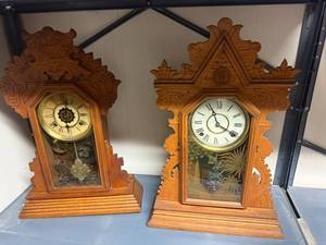 lot 809 image: Pair of Antique Wooden Mantel Clocks with Ornate Carvings