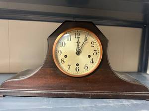 lot 812 image: Antique Wooden Mantel Clock with Chime and Brass Movement