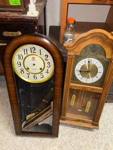 lot 862 image: Pair of Vintage Wall Clocks, Wood Cases - Mechanical Pendulum Style
