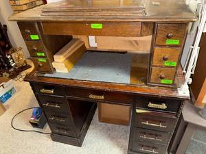 lot 866 image: Vintage Wooden Desk with Organizer Hutch and Assorted Tools and Supplies