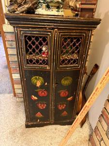 lot 901 image: Antique Painted Wood Cabinet with Lattice Doors and Fruit Motif