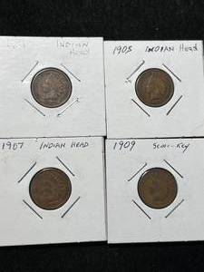 lot 11 image: 4 US INDIAN HEAD CENTS 1904 1905 1907 1909