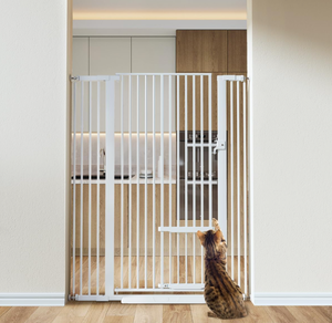 lot 128 image: COMOMY 55.1 Extra Tall & Wide Pet Gate for Cats, 29.5-40.6 Adjustable with Door, Pressure Mounted Easy Walk Through Gate