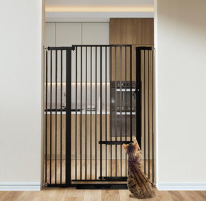 lot 129 image: COMOMY 55.1 Extra Tall & Wide Pet Gate for Cats, 29.5-40.6 Adjustable with Door, Pressure Mounted Easy Walk Through Gate