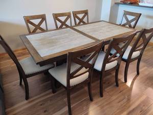 lot 5 image: Dining Room Table, Leaf  Eight Chairs
