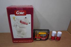 lot 80 image: Coca-Cola Metal Salt & Pepper Shakers, Cookie Jar and Collectible Car