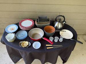 lot 15 image: Kitchen Cookware and Bakeware Lot with Plates, Mixing Bowls, and Kettle