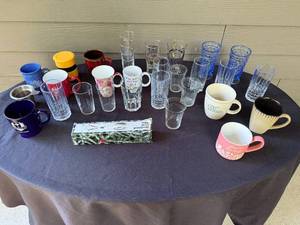 lot 16 image: Collection of Mixed Glassware and Mugs with Silverplated Salad Tongs