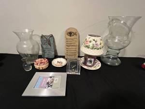 lot 18 image: Collection of Decorative Home Accents Including Vases, Yankee Candle, Lead Crystal, and More in Blue Crate