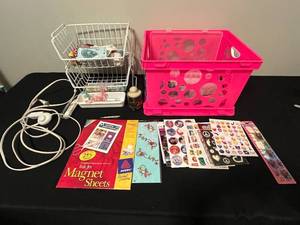 lot 19 image: Craft and Office Supply Lot with Wire Baskets, Storage Crate, Stickers, and Tools