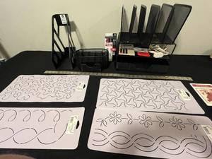 lot 21 image: Office Organizer Mesh Set, Calculator, Velcro Strips and Quilting Stencil Collection