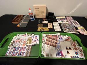 lot 27 image: Large Lot of Collectible Stickers, Medal, Paper Cutter, Unused Sealed Drill, Trump Bill and Miscellaneous Office Items
