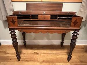 lot 28 image: Antique Wooden Writing Desk with Inlay and Turned Legs