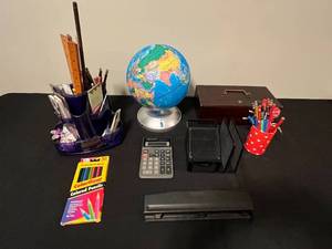 lot 37 image: Office Desk Set with Vintage Steel Box, Discovery Globe, Accessories and Supplies