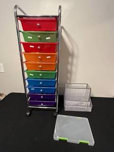 lot 46 image: Rolling Colorful Storage Cart with Mesh Organizer and Latching Plastic Bin