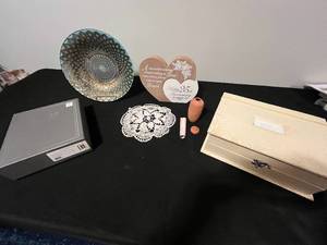 lot 51 image: Unused Eccolo Wedding Album & Vintage Decor Set with Decorative Plates, Heart Plaques, Doily, Small Scroll Pot, and Keepsake Box