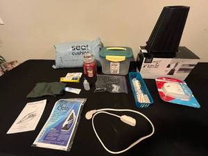 lot 55 image: Household Utility Lot with Bed Lifts, Carbon Monoxide Alarm, Cleaners, Beads, and Accessories