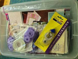 lot 62 image: Cardmaking and Papercraft Lot with Adhesives, Embellishments, and Magazines in Storage Bin