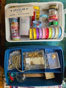 lot 87 image: Craft Supplies Collection Including Ribbons, Crochet Kit, Fabric, Punch Set, and Jewelry Findings