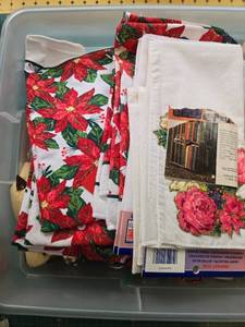 lot 98 image: Large Assortment of Christmas Towels Linens and Holiday Craft Decorations
