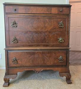 lot 112 image: Antique Wood Dresser with Ornate Brass Handles and Glass Top, 48x38x19 Inches