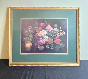 lot 113 image: Framed Floral Still Life Print 20x24 Inches with Gold Frame