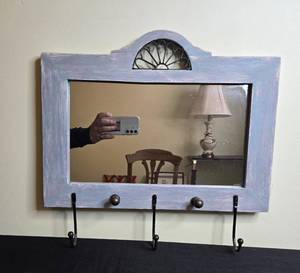 lot 114 image: Wall Mirror with Hooks and Decorative Wood Frame