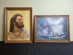 lot 115 image: Pair of Framed Christian Art Prints - Jesus Signed M. Hook and Walk to Emmaus Scene