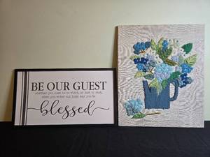 lot 117 image: Framed Guest Welcome Sign and Embroidered Floral Wall Art Set