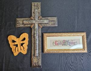 lot 119 image: Christian Home Decor Lot Cross Wall Plaque, Wooden Butterfly Art, Framed God Bless Home Print