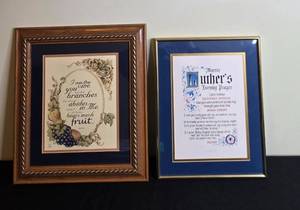 lot 121 image: Pair of Framed Christian Prints Including John 155 and Martin Luthers Evening Prayer
