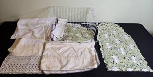 lot 123 image: Collection of Vintage Linens and Lace Table Decor with Wire Basket