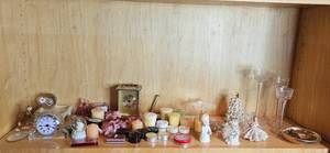 lot 140 image: Assorted Decorative Candles, Clocks, Porcelain Figures, and Glass Candle Holders Collection