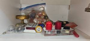 lot 144 image: Assorted Decorative Lot with Candles, Small Stand, and Home Decor Items
