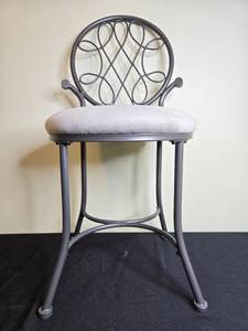 lot 161 image: Metal Vanity Stool with Padded Seat and Ornate Backrest