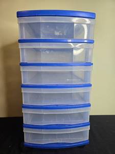 lot 167 image: 6-Drawer Plastic Storage Organizer with Blue Trim and Wheels