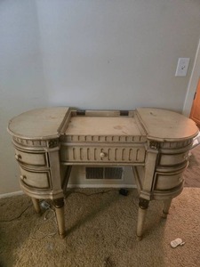 lot 169 image: Vintage Wooden Vanity Table with Drawers, 44x20x34 Inches - visible wear