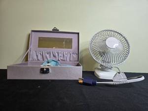 lot 174 image: Makeup and Cosmetic Storage Box with Vanity Mirror and Portable Desk Fan