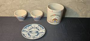 lot 188 image: Stoneware Candy Jar with Grandpa and Honee Bowls and New Orleans Plate