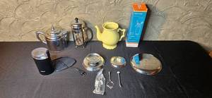 lot 189 image: Coffee and Kitchenware Collection with French Press, Krups Grinder, and Nicole Miller Teapot