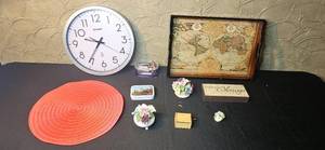 lot 191 image: Assorted Home Decor Lot with Atomic Wall Clock, Trinket Boxes, Vintage Tray, and Ornaments