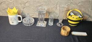lot 192 image: Decorative Home Decor Collection including Rae Dunn Mug, Glassware, Mini Basket and Bee Bucket