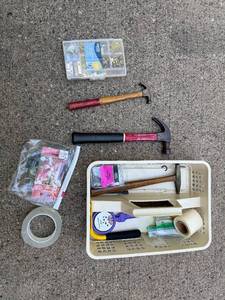 lot 213 image: Assorted Hand Tools and Picture Hanging Kit with Basket