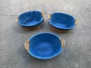 lot 218 image: Set of 3 Wicker Baskets with Blue Fabric Liners and Handles